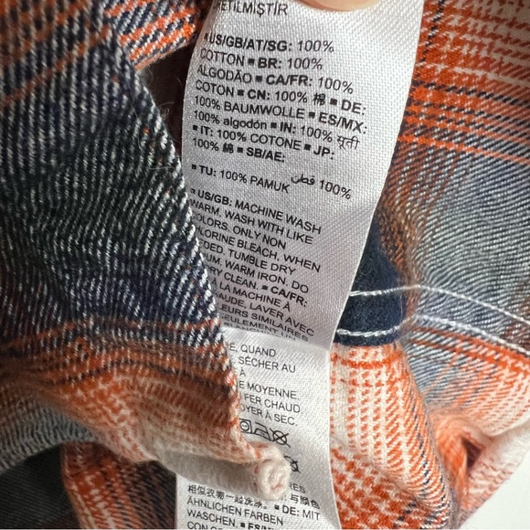 Amazon Essentials Flannel Button Down Shirt Orange Navy Plaid Men's Large - Picture 3 of 4